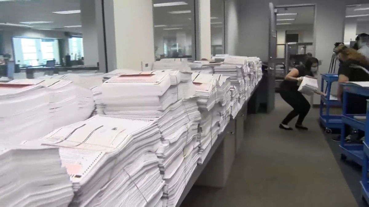 Stack of ballots at the Riverside County Registrar's Office (10/28/20)