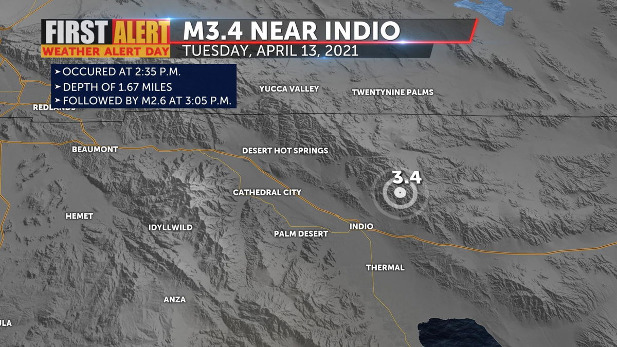 A 3.4-magnitude earthquake strikes near Indio on Tuesday afternoon