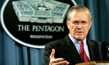 Defense Secretary Donald Rumsfeld gestures during a joint press conference with Russia's Minister of Defense at the Pentagon on January 11