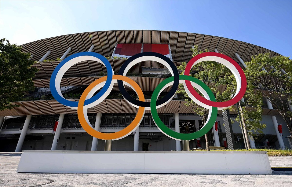 <i>Matthias Hangst/Getty Images</i><br/>The Olympic rings outside of the stadium prior to the Opening Ceremony of the Tokyo 2020 Olympic Games at Olympic Stadium on July 23