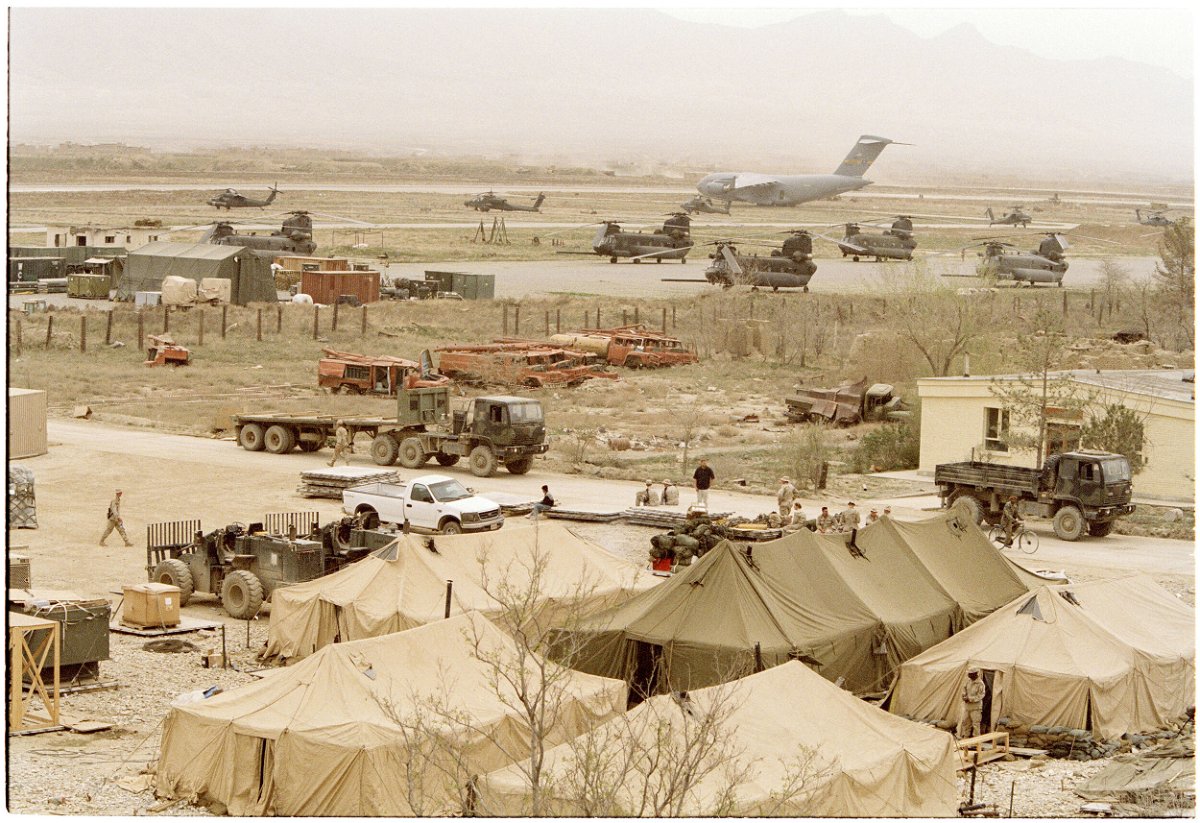 <i>David Hume Kennerly/Getty Images</i><br/>US military aircraft populate the runways of Bagram air base while tents are set up in the foreground on April 4