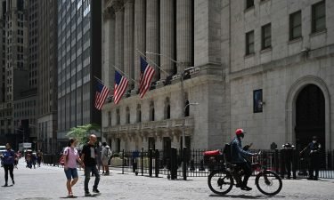 Exterior view of the New York Stock Exchange (NYSE) and Wall Street in New York on June 15. Wall Street is sharply in the green on July 9