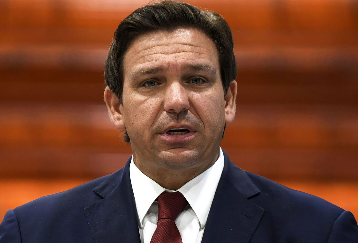 <i>Paul Hennessy/SOPA Images/Sipa</i><br/>Florida Gov. Ron DeSantis speaks at a press conference at LifeScience Logistics. DeSantis