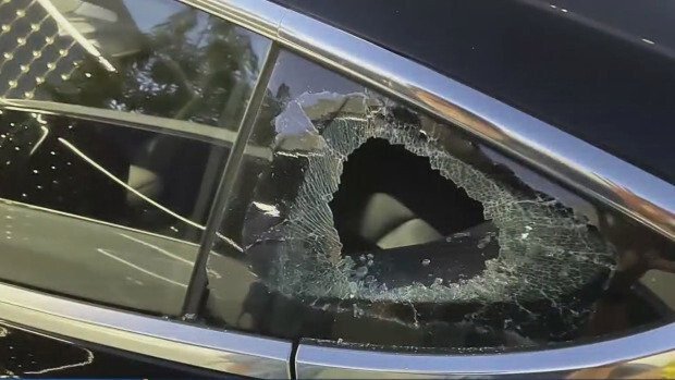 <i>KPIX</i><br/>A broken window on a Tesla Model 3 is seen. Bay Area Tesla owner clubs are reminding new and longtime drivers to take measures to reduce their chances of becoming a victim of break-ins