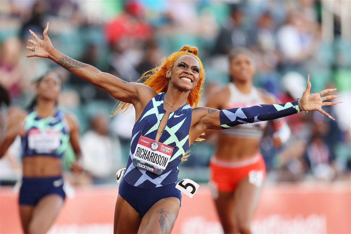 <i>Patrick Smith/Getty Images</i><br/>Sha'Carri Richardson celebrates winning the Women's 100-meter final on day 2 of the 2020 US Olympic Track & Field Team Trials at Hayward Field on June 19