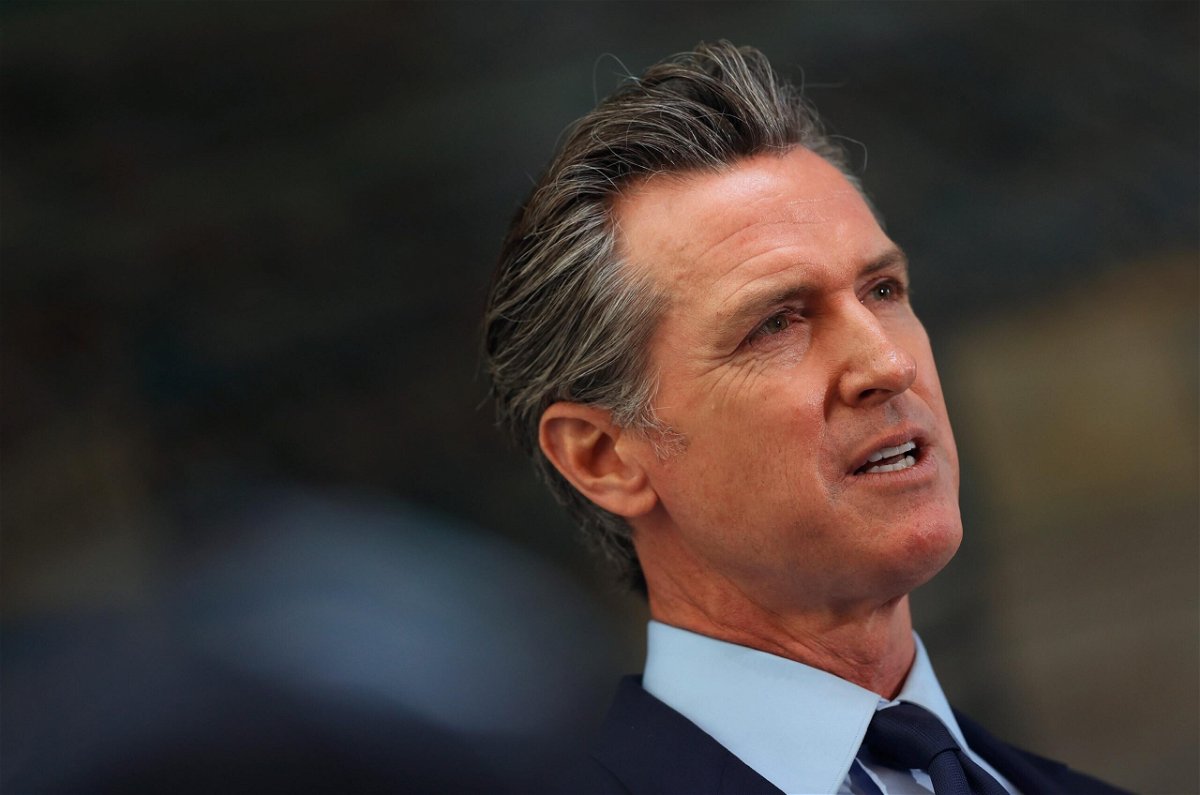 California Gov. Gavin Newsom looks on during a press conference at The Unity Council on May 10
