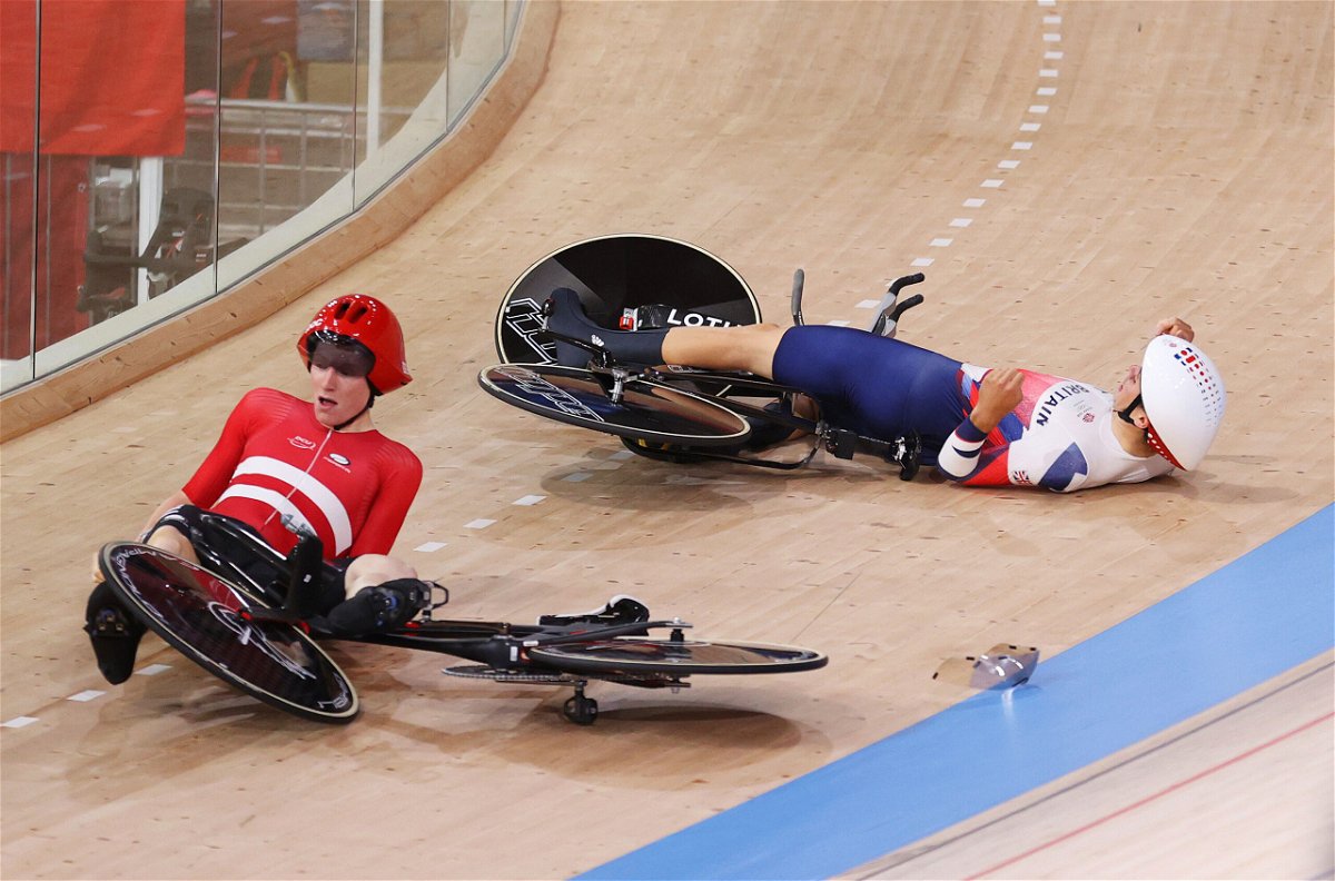<i>Justin Setterfield/Getty Images</i><br/>Frederik Madsen of Team Denmark and Charlie Tanfield of Team Great Britain on the ground after the fall.