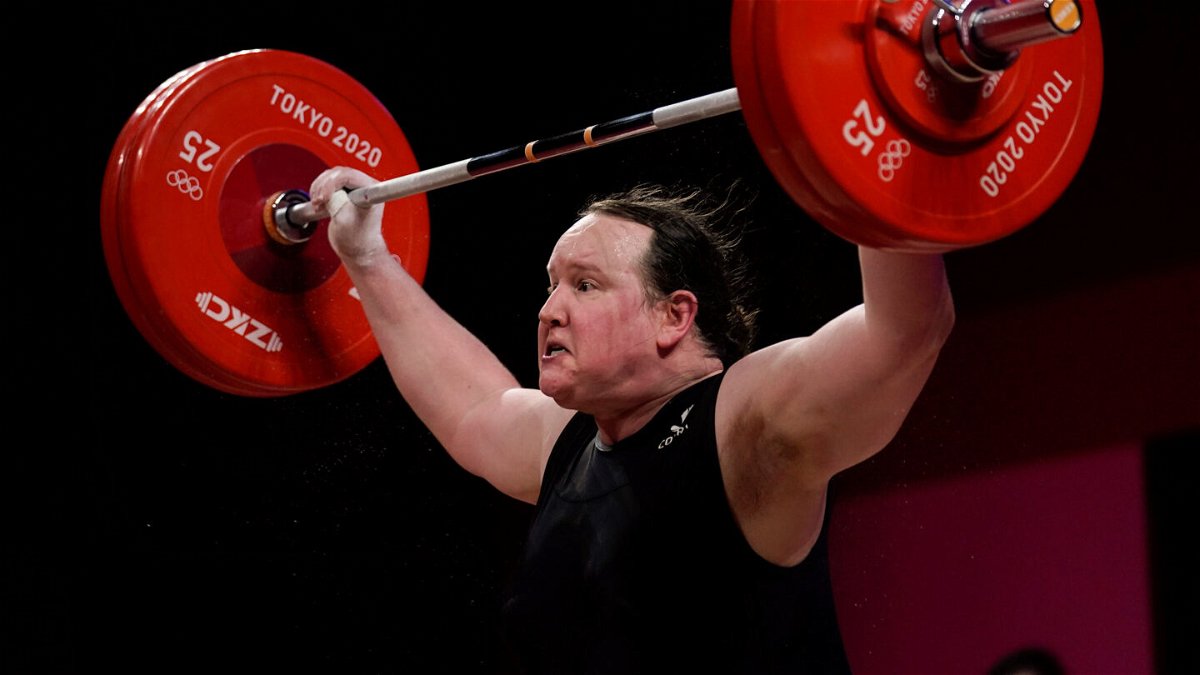 <i>Seth Wenig/AP</i><br/>Laurel Hubbard competing in the women's +87kg weightlifting finals.