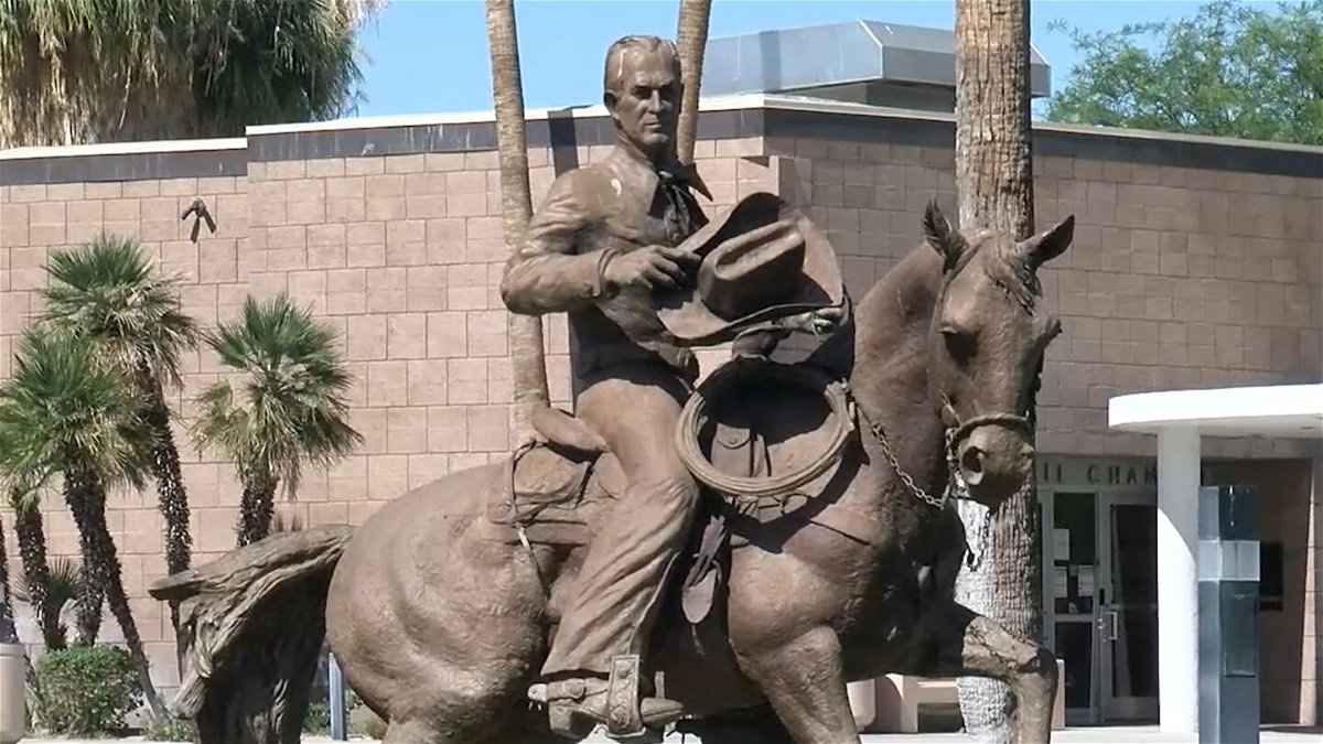 Statue of former Palm Springs Mayor Frank Bogert outside of City Hall. The statue was removed in 2022