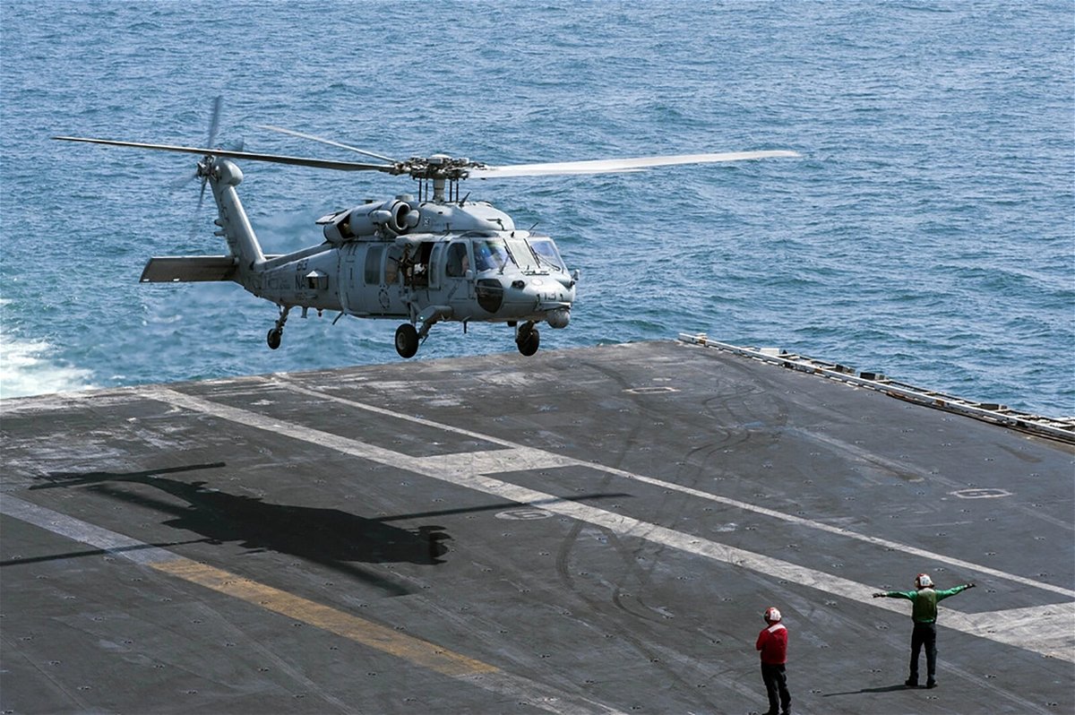<i>Pasquale Sena/US Navy</i><br/>A US Navy helicopter crashed off the San Diego coast Tuesday. Pictured is an MH-60S Knighthawk helicopter landing on the flight deck of the aircraft carrier USS Harry S. Truman.