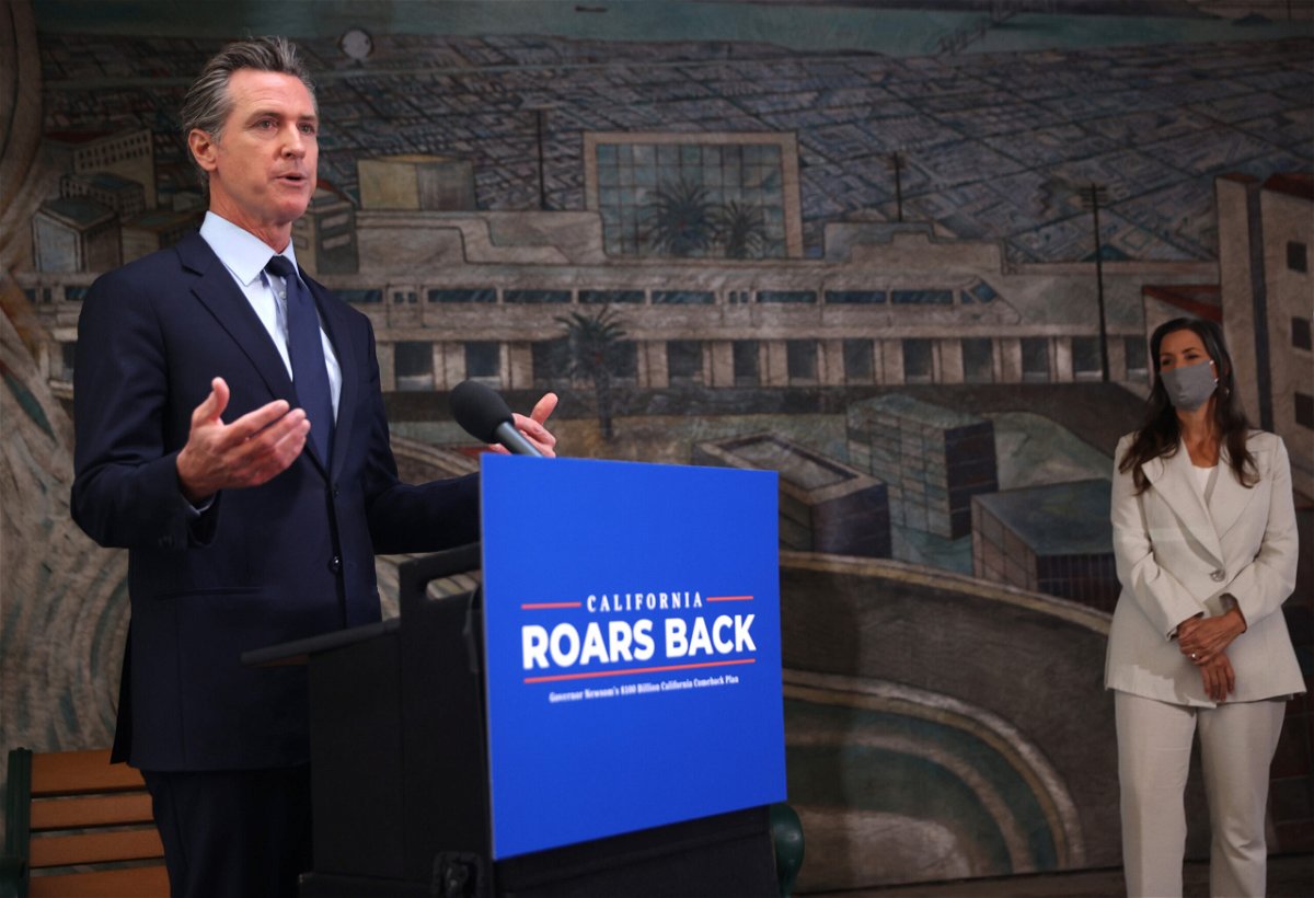 California Gov. Gavin Newsom speaks during a press conference at The Unity Council on May 10