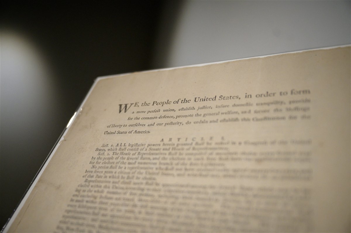 <i>ED JONES/AFP/Getty Images</i><br/>A page of the first printing of the United States Constitution is displayed at the offices of Sotheby's auction house in New York on September 17. The document will be put for auction by Sotheby's New York
