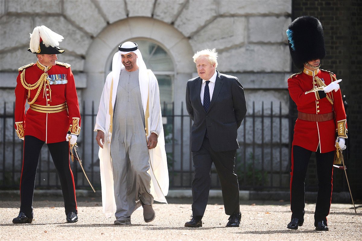 <i>Hannah Mckay/AP</i><br/>Britain's Prime Minister Boris Johnson and Abu Dhabi Crown Prince Sheikh Mohamed bin Zayed Al Nahyan in London on September 16.
