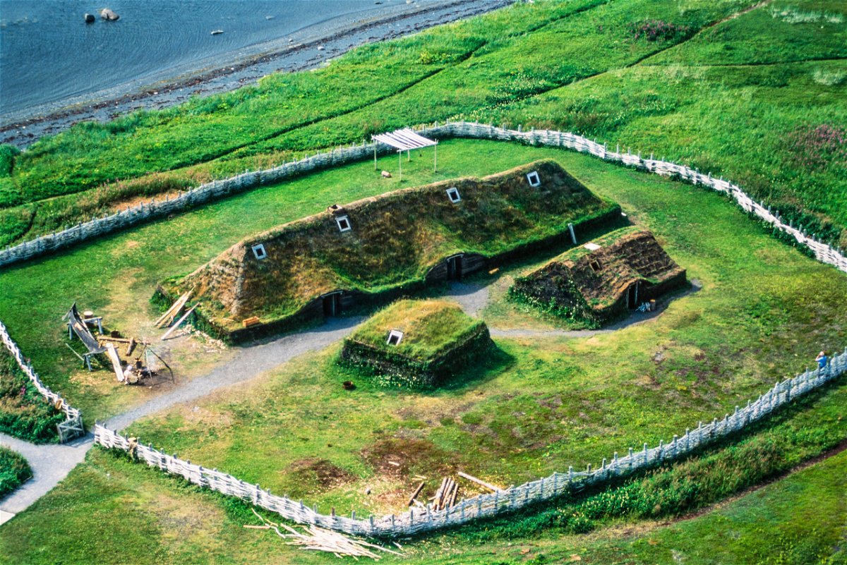 <i>Russ Heinl aerial photography/Shutterstock</i><br/>This is a reconstructed Viking Age building adjacent to the site of L'Anse aux Meadows site in Newfoundland