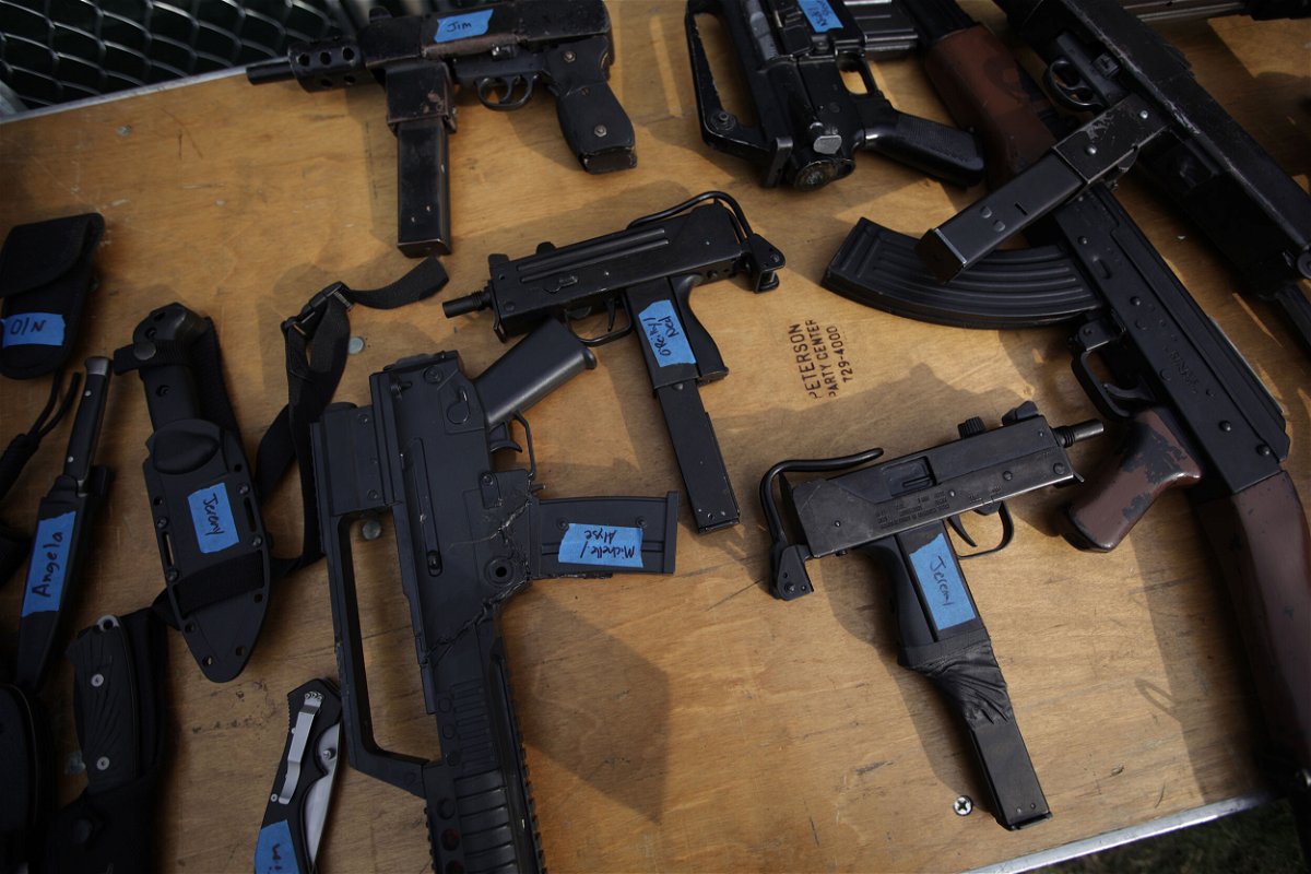 <i>Tamir Kalifa/The Boston Globe/Getty Images</i><br/>Prop guns are used to make movie scenes look realistic. Gun props are shown here on a table backstage during rehearsal for the play 