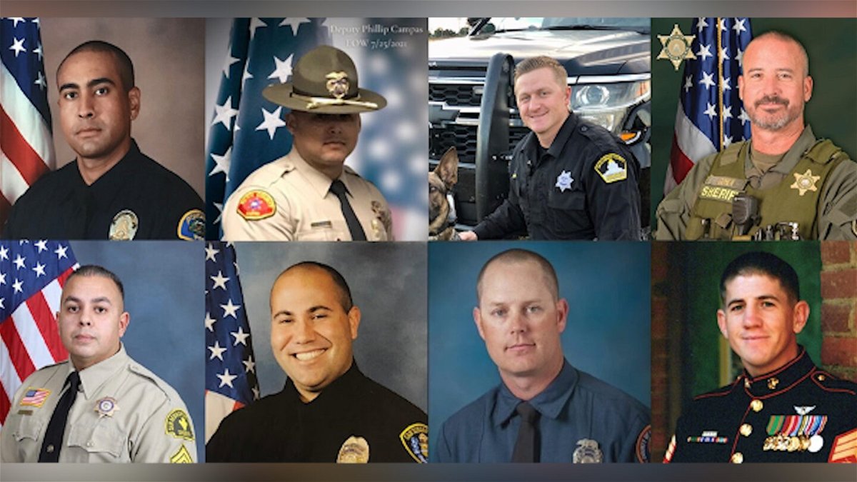 Top row from left to right: Pomona Police Officer Greggory Casillas, Kern County Deputy Sheriff Phillip Campas, Sacramento County Deputy Sheriff Adam Gibson, Riverside County Sheriff’s Department Sergeant Harry Cohen. Bottom row from left to right: San Bernardino County Sheriff’s Department Sgt. Dominic Vaca, San Diego Police Officer David Sisto, Los Angeles County Firefighter Specialist Tory Carlon, Los Angeles Deputy Sheriff Thomas Albanese