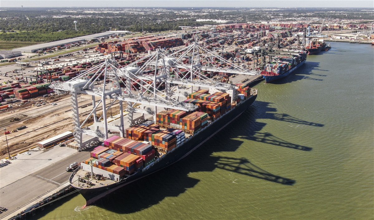 <i>Tannen Maury/EPA-EFE/Shutterstock</i><br/>An aerial photo shows container ships at a Port of Houston. Texas Gov. Greg Abbott thinks the delays at the nation's largest ports in Southern California is an opportunity for Texas to capture more business.