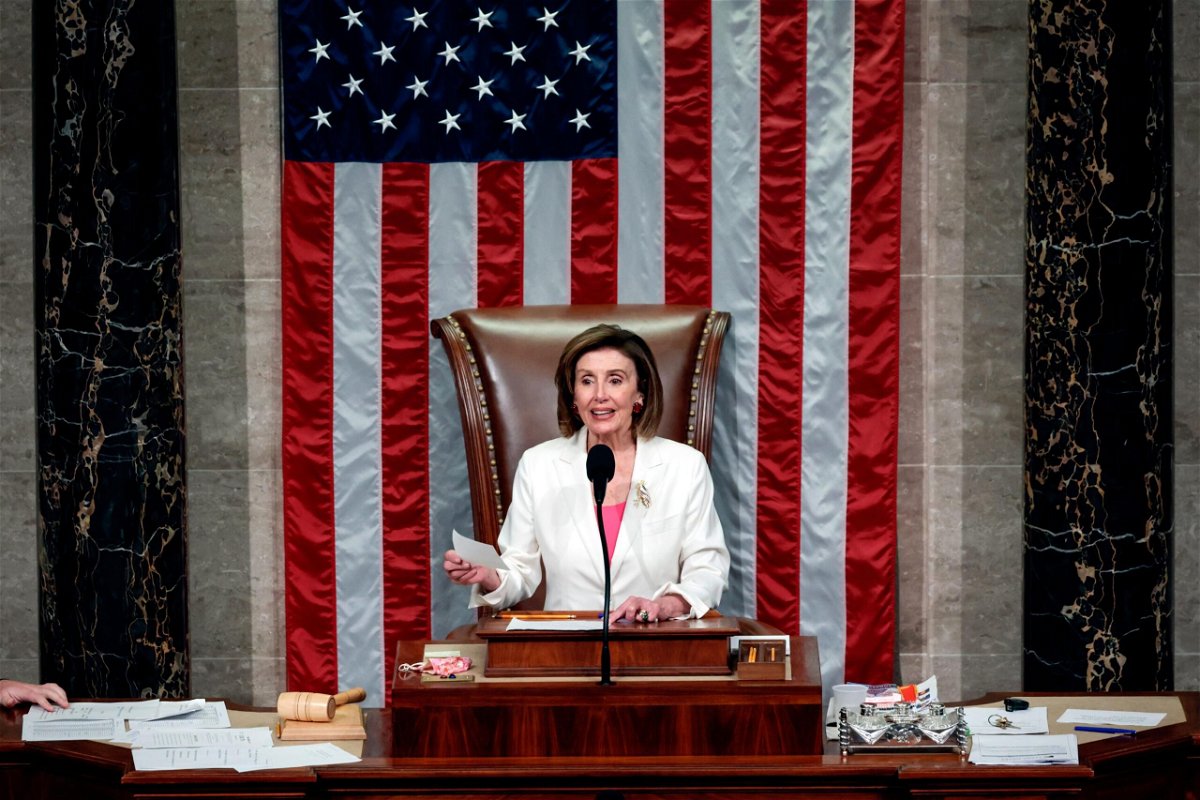 <i>Anna Moneymaker/Getty Images</i><br/>Speaker Nancy Pelosi presides over the House vote on the Build Back Better Act earlier this month.