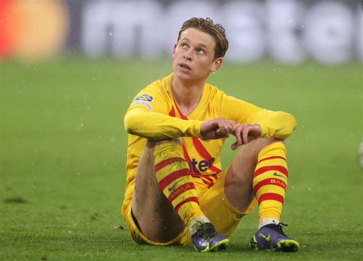 <i>Alexander Hassenstein/Getty Images Europe/Getty Images</i><br/>Frenkie de Jong of Barcelona looks dejected during the match against Bayern Munich.