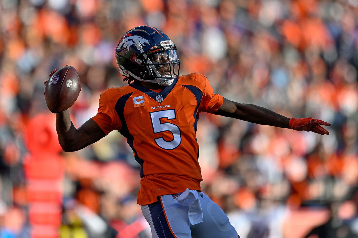 Denver Broncos quarterback Teddy Bridgewater (5) warms up against