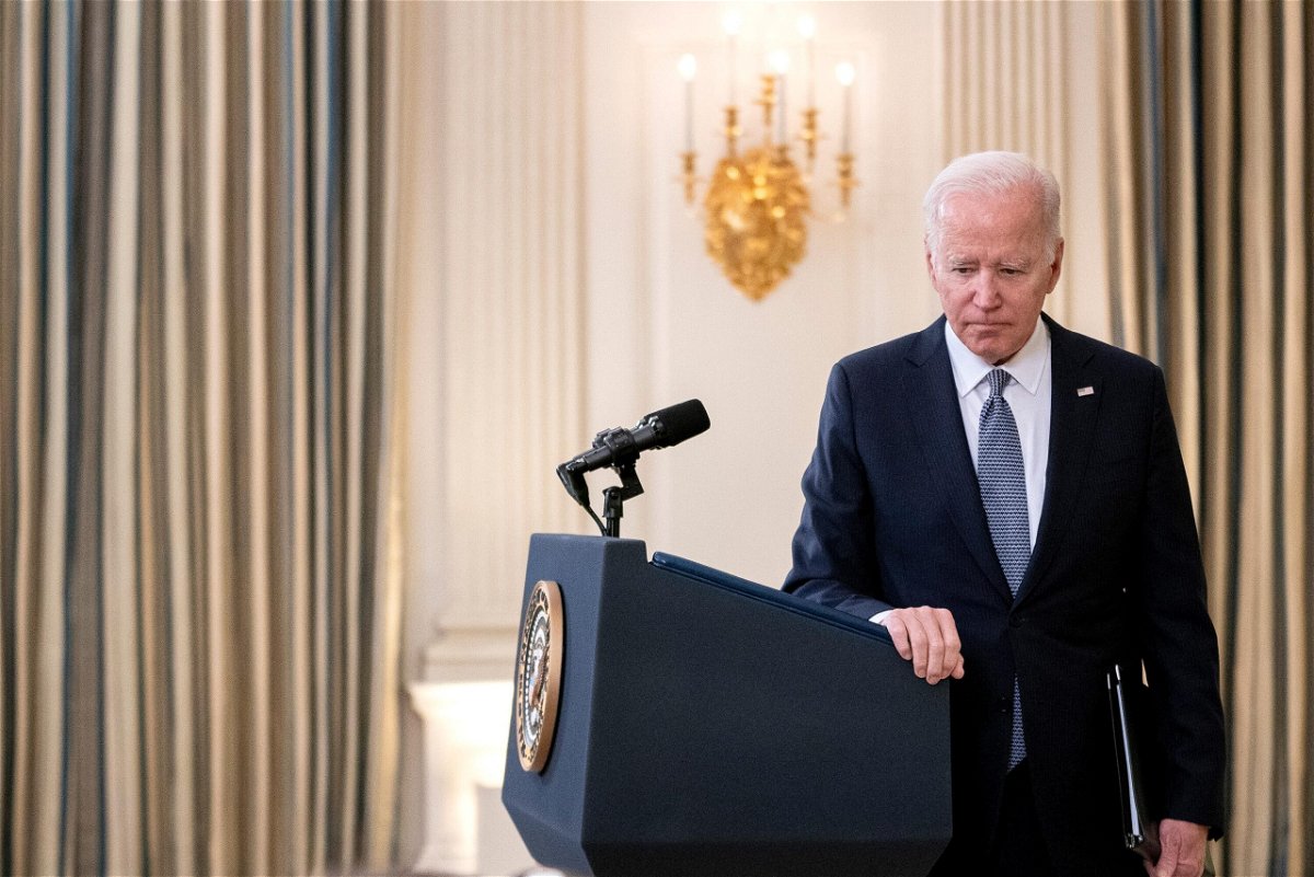 <i>Stefani Reynolds/The New York Times/Redux</i><br/>President Joe Biden after delivering remarks on the November jobs report in the State Dining Room of the White House in December 2021.
