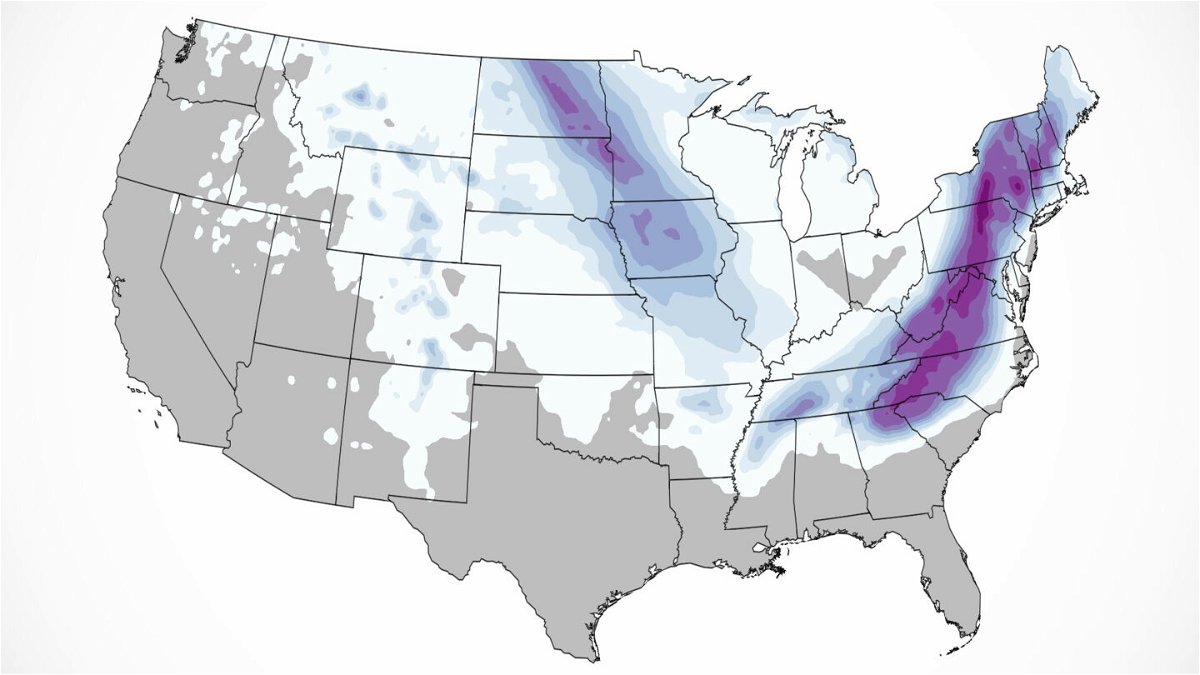 <i>CNN Weather</i><br/>One early weather model run Wednesday morning showed a large swath of snow across the South into the Northeast. But meteorologists caution that images like this can be deceiving. Some of what the model shows could actually come down as sleet or even freezing rain.