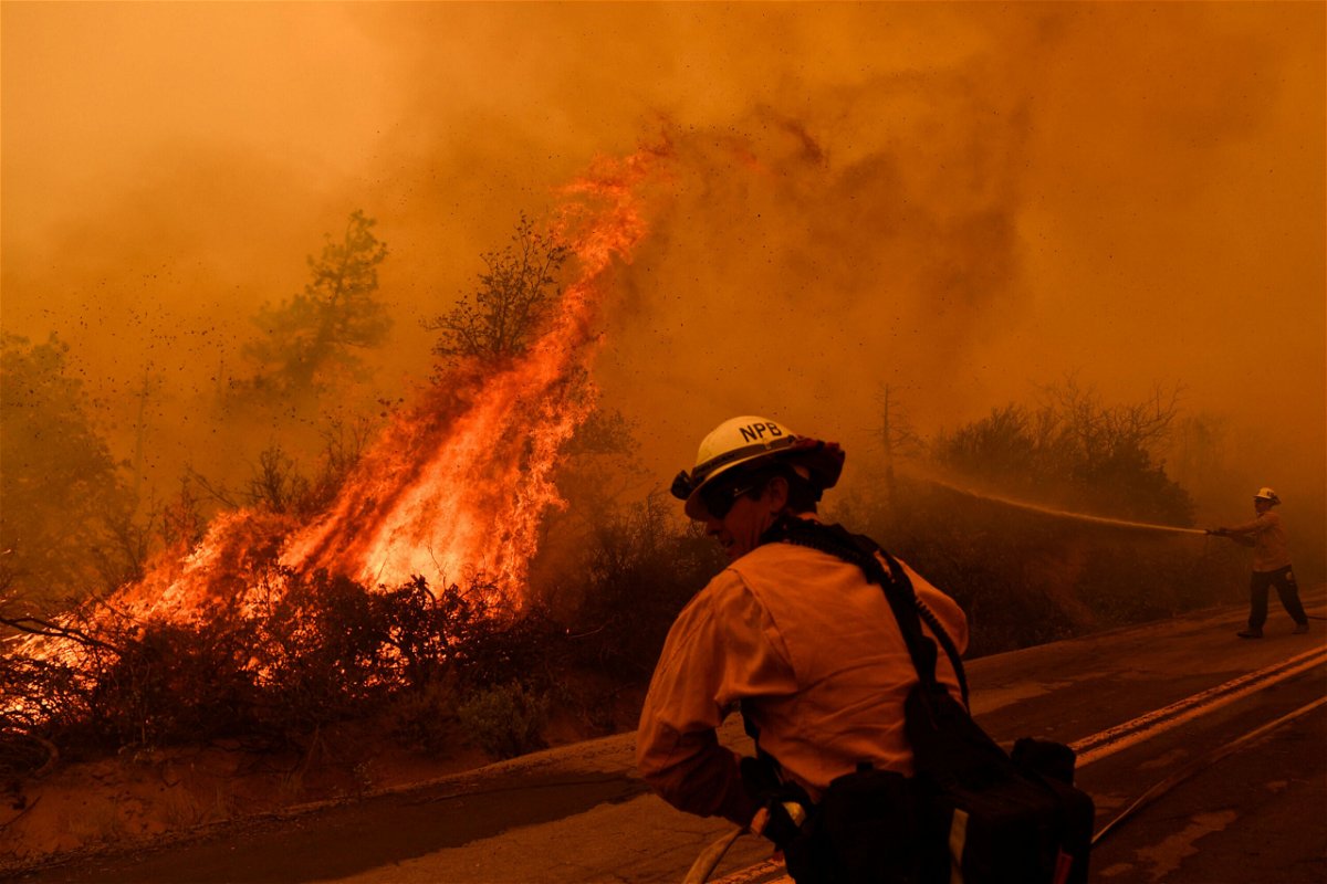 <i>PATRICK T. FALLON/AFP via Getty Images</i><br/>Firefighters battle the Windy Fire in the Sequoia National Forest in California on September 22