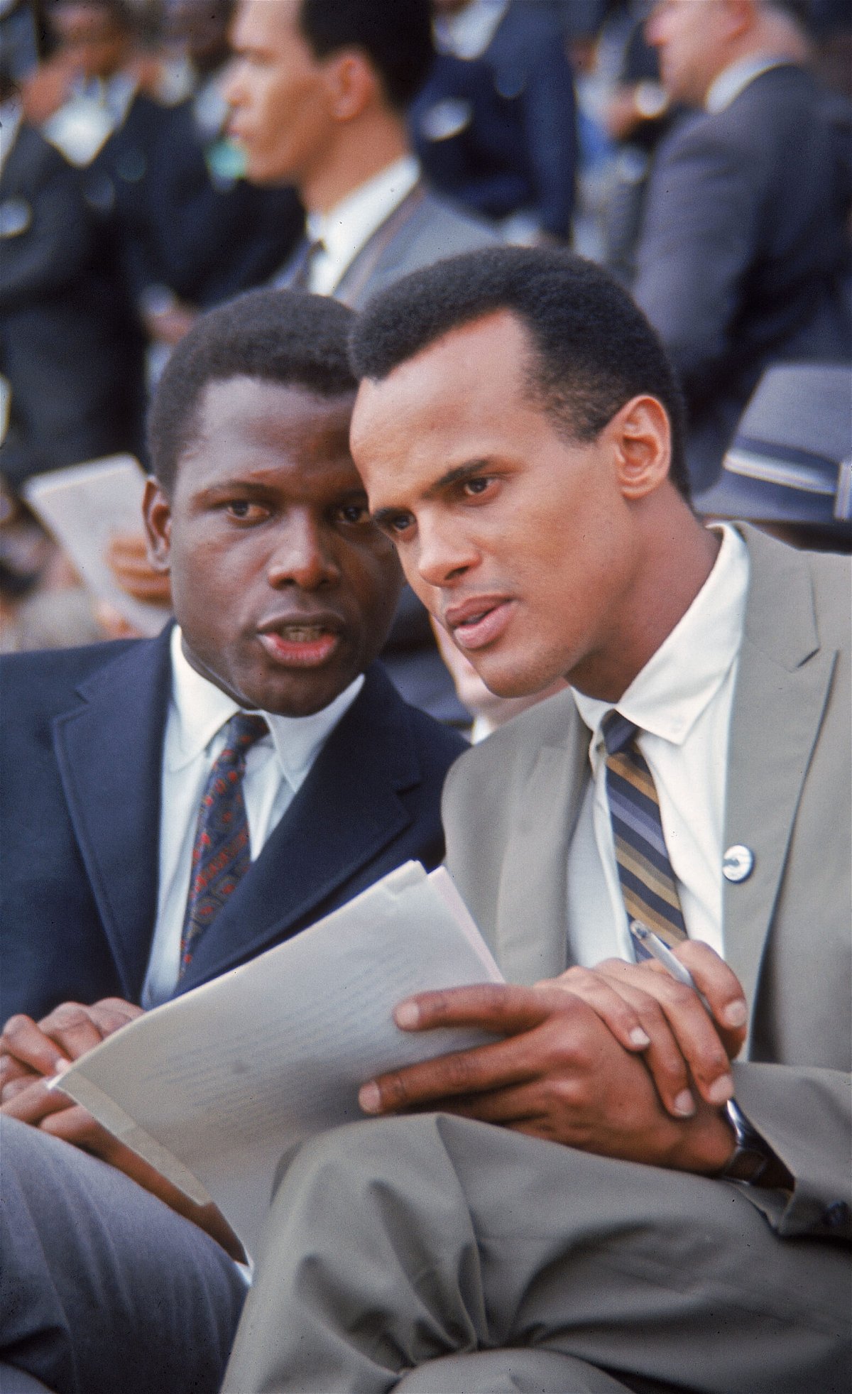 <i>Francis Miller/The LIFE Picture Collection/Shutterstock</i><br/>Actor Sidney Poitier and singer Harry Belafonte chat during the March on Washington for Jobs and Freedom in Washington