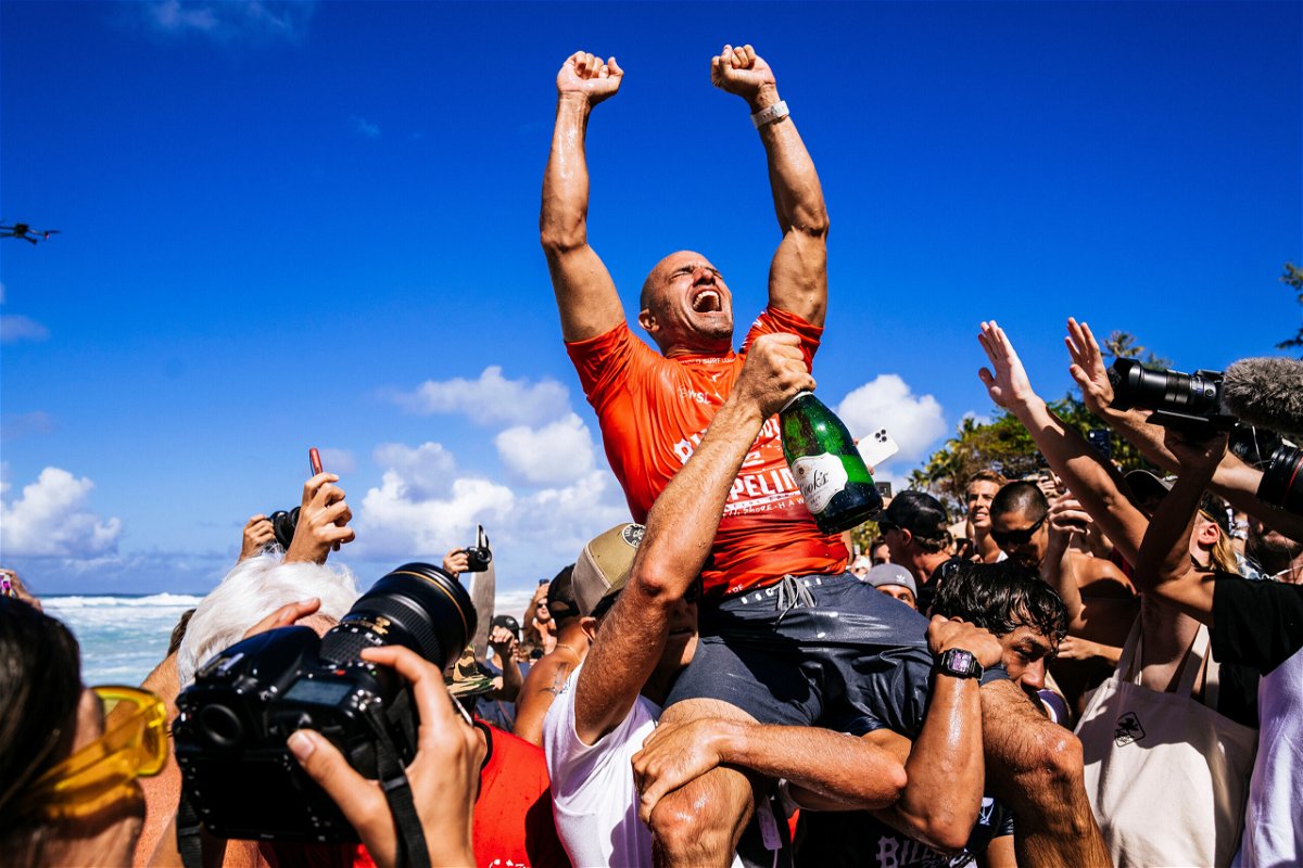 <i>Brady Lawrence/World Surf League/AP</i><br/>Kelly Slater celebrated after winning the Billabong Pro Pipeline on February 5 in Haleiwa
