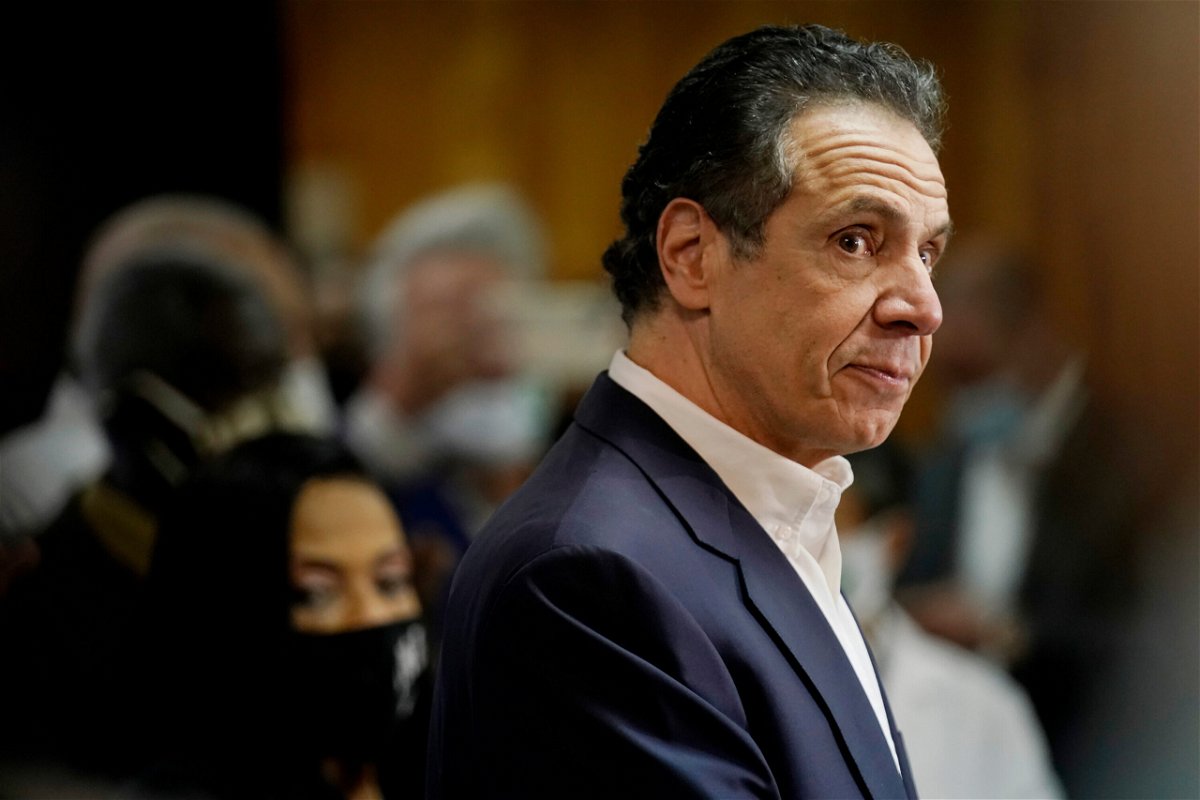 <i>Seth Wenig/Pool/Getty Images</i><br/>Former New York Gov. Andrew Cuomo speaks before getting vaccinated on March 17