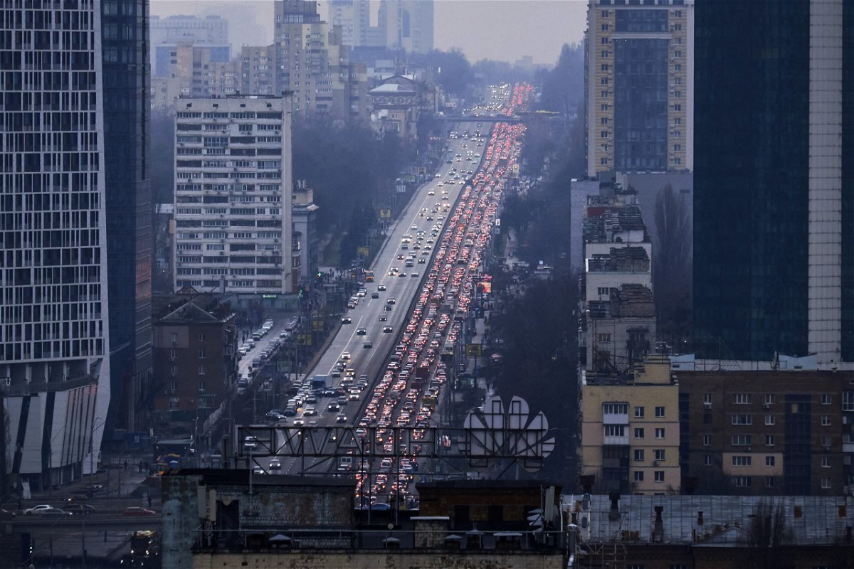 <i>Pierre Crom/Getty Images</i><br/>Traffic was jammed on the road leaving Kyiv.