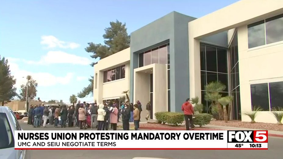 <i>KVVU</i><br/>Nurses gathered outside University Medical Center to protest mandatory overtime shifts.