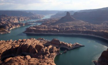 The white "bathtub ring" -- which shows how much the water level has dropped below full capacity -- is visible on the rocky banks of Lake Powell in June 2021.