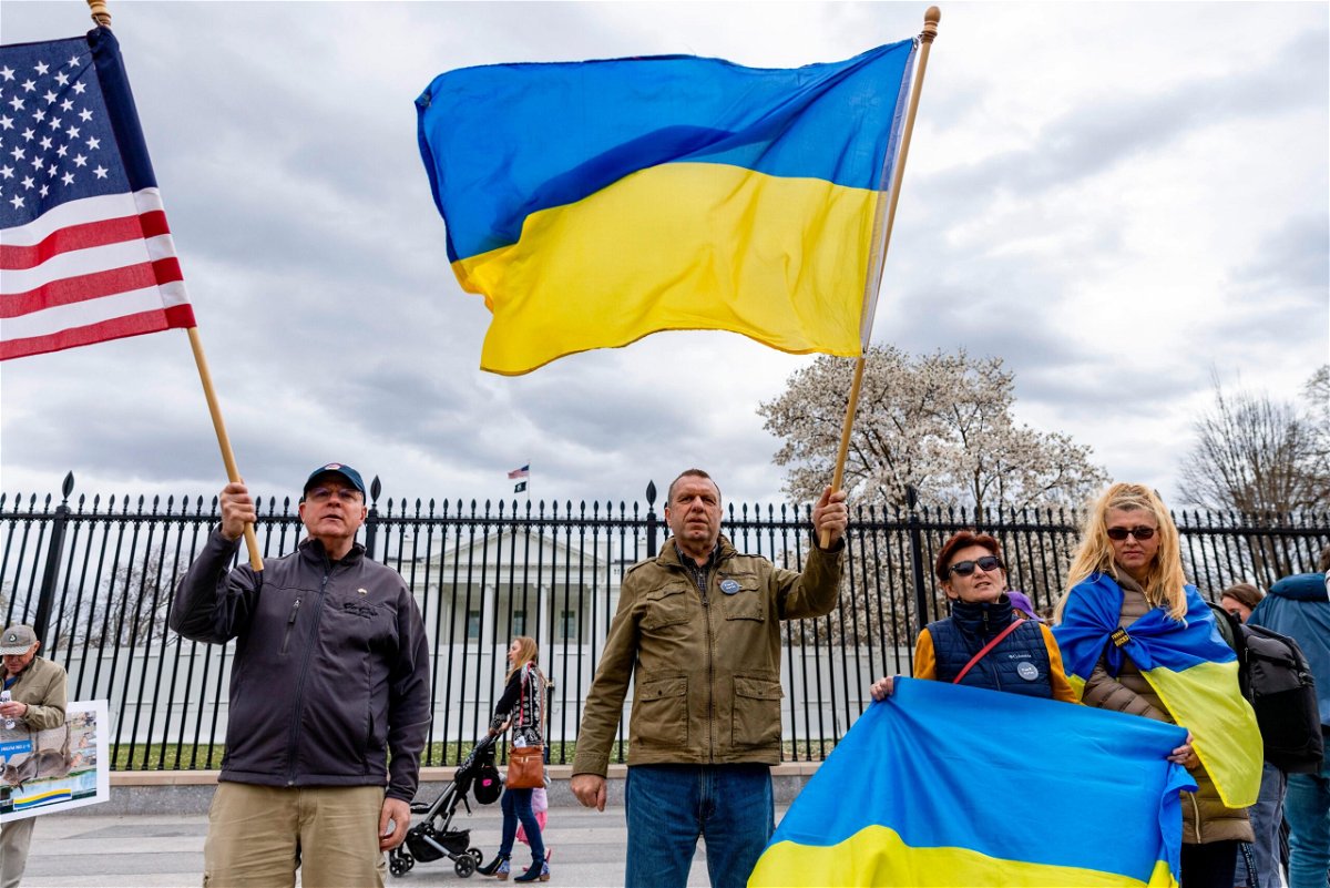 <i>Tasos Katopodis/Getty Images</i><br/>Members of United Help Ukraine and other activists hold a rally outside the White House on March 20 in Washington