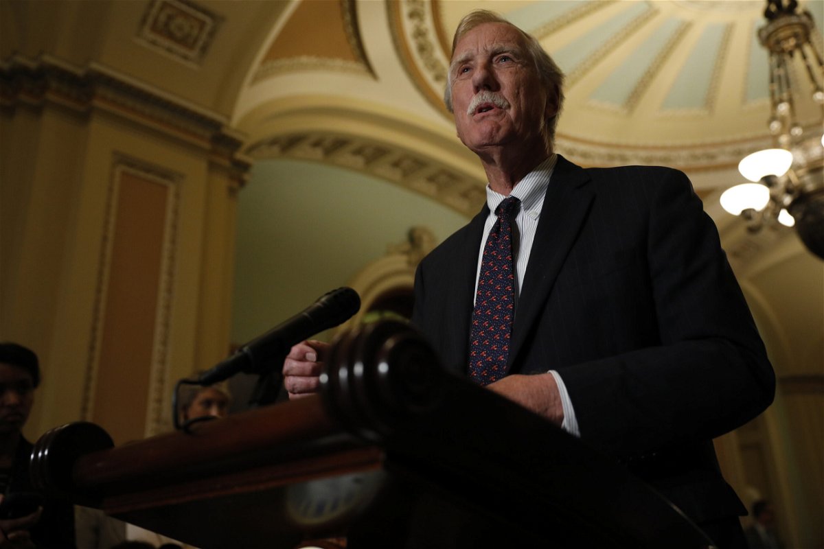 <i>Aaron P. Bernstein/Getty Images</i><br/>Sen. Angus King speaks with reporters following the weekly policy luncheons at the U.S. Capitol on June 26