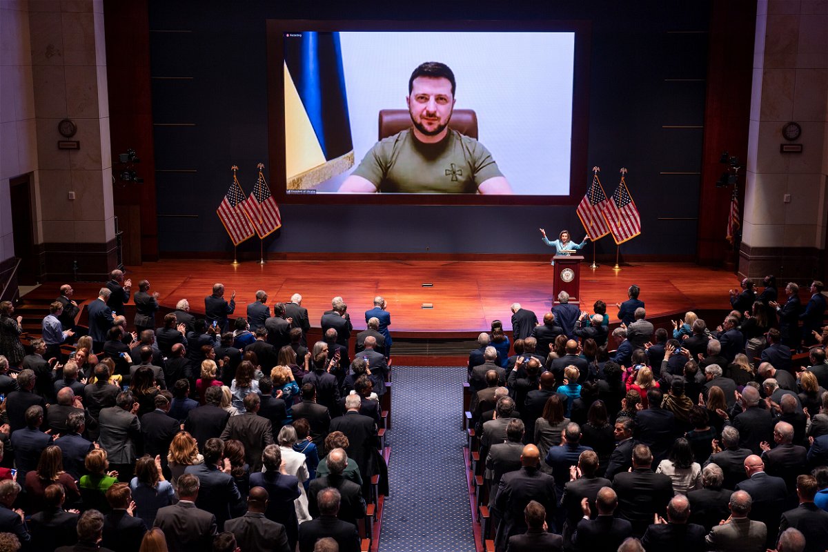 <i>J. Scott Applewhite/Pool/Getty Images</i><br/>Ukrainian President Volodymyr Zelensky speaks to US members of Congress by video on March 16.