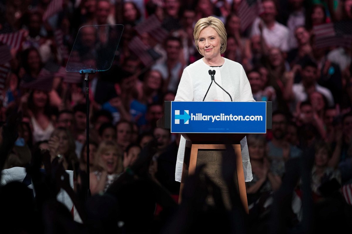 <i>Drew Angerer/Getty Images</i><br/>Then Democratic presidential candidate Hillary Clinton speaks during a primary night rally at the Duggal Greenhouse in the Brooklyn Navy Yard