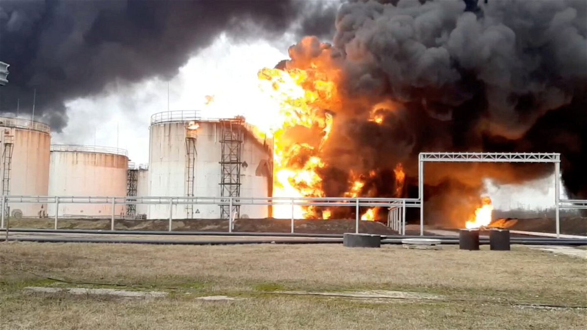 <i>Russian Emergencies Ministry/Reuters</i><br/>A still image was taken from video footage showing a fuel depot on fire in the city of Belgorod on April 1.