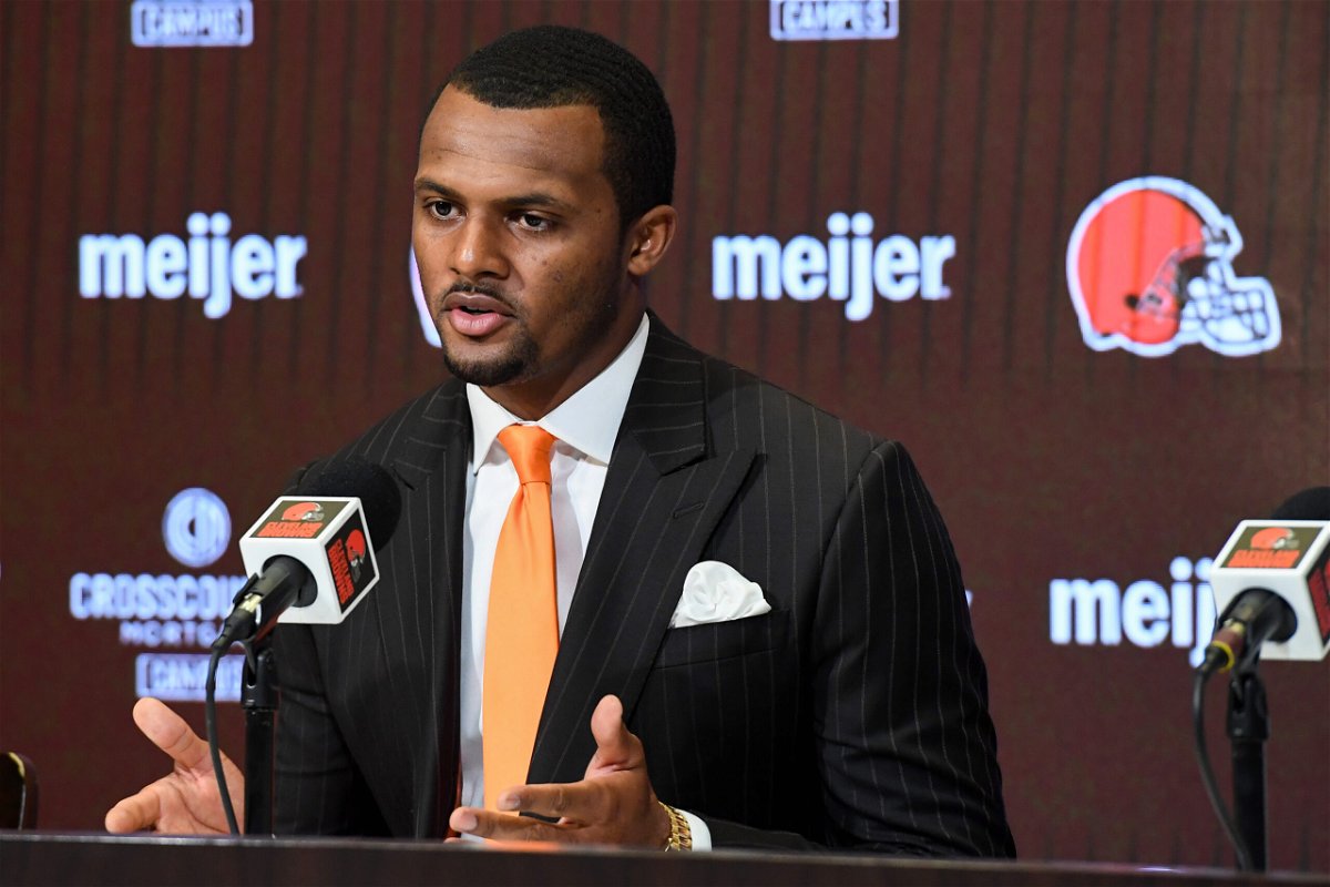 <i>Nick Cammett/Getty Images</i><br/>Quarterback Deshaun Watson of the Cleveland Browns speaks during his press conference introducing him to the Cleveland Browns at Cross Country Mortgage Campus on March 25