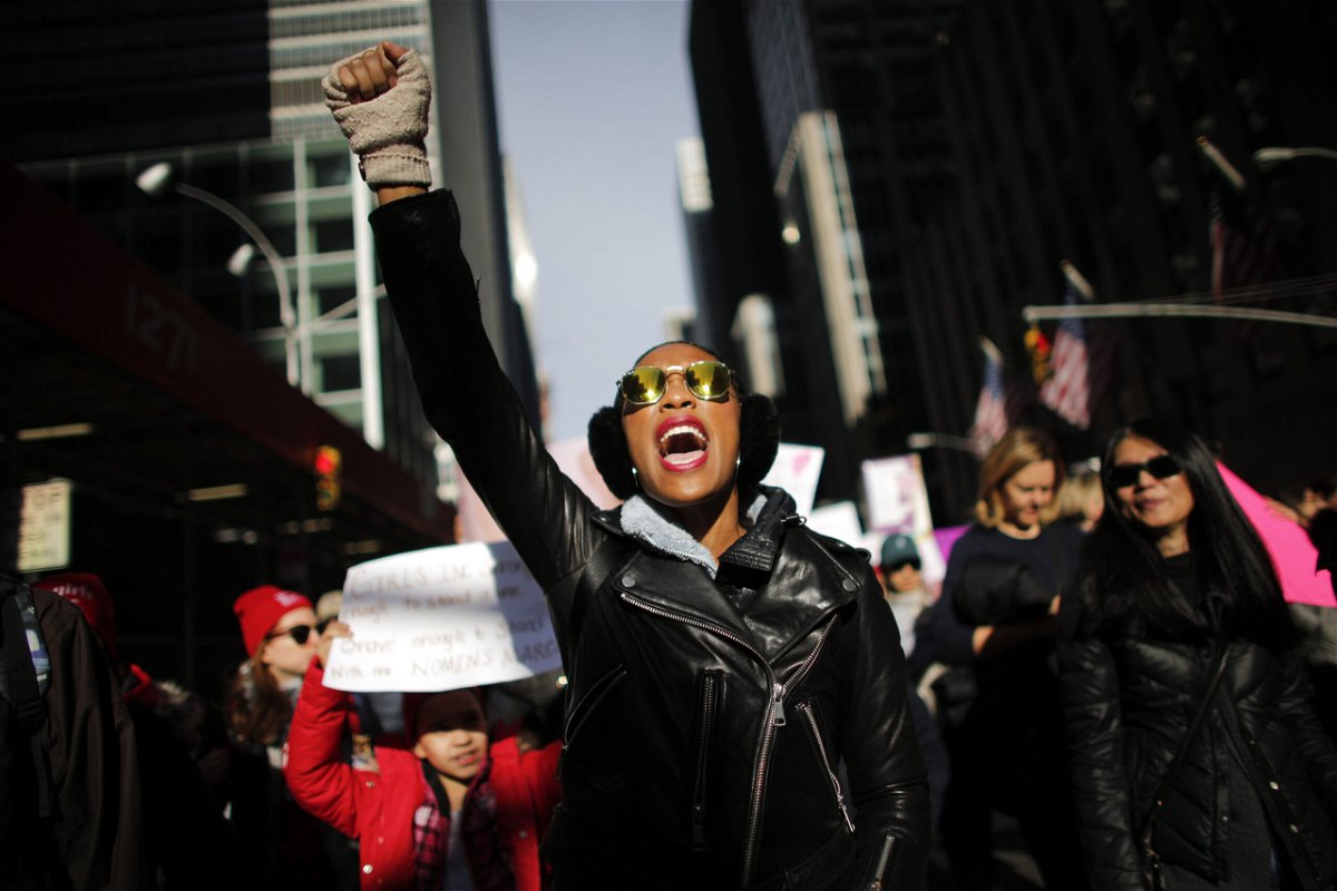 <i>Kena Betancur/AFP/Getty Images</i><br/>A woman shouts as she attends the Women's March in New York City in 2018.
