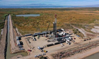 This aerial view shows the Controlled Thermal Resources (CRT) drilling rig in Calipatria