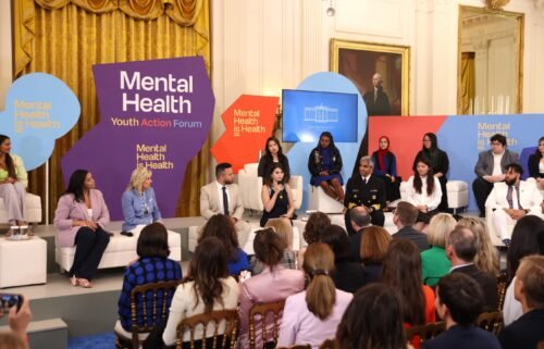 Jill Biden and Selena Gomez appear on stage as MTV Entertainment hosts first ever Mental Health Youth Forum at the White House on May 18.