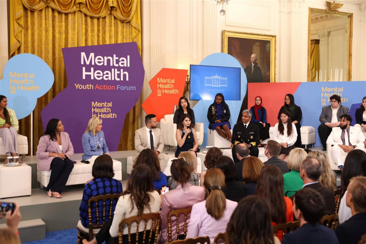 <i>Tasos Katopodis/Getty Images for MTV Entertainment</i><br/>Jill Biden and Selena Gomez appear on stage as MTV Entertainment hosts first ever Mental Health Youth Forum at the White House on May 18.