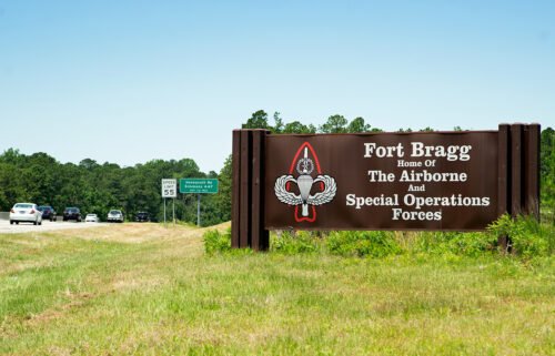 Seen here is a sign identifying Fort Bragg Army Base. Named for Confederate General Braxton Bragg