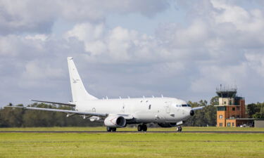 A Royal Australian Air Force P-8 Poseidon aircraft at an airbase in Amberly