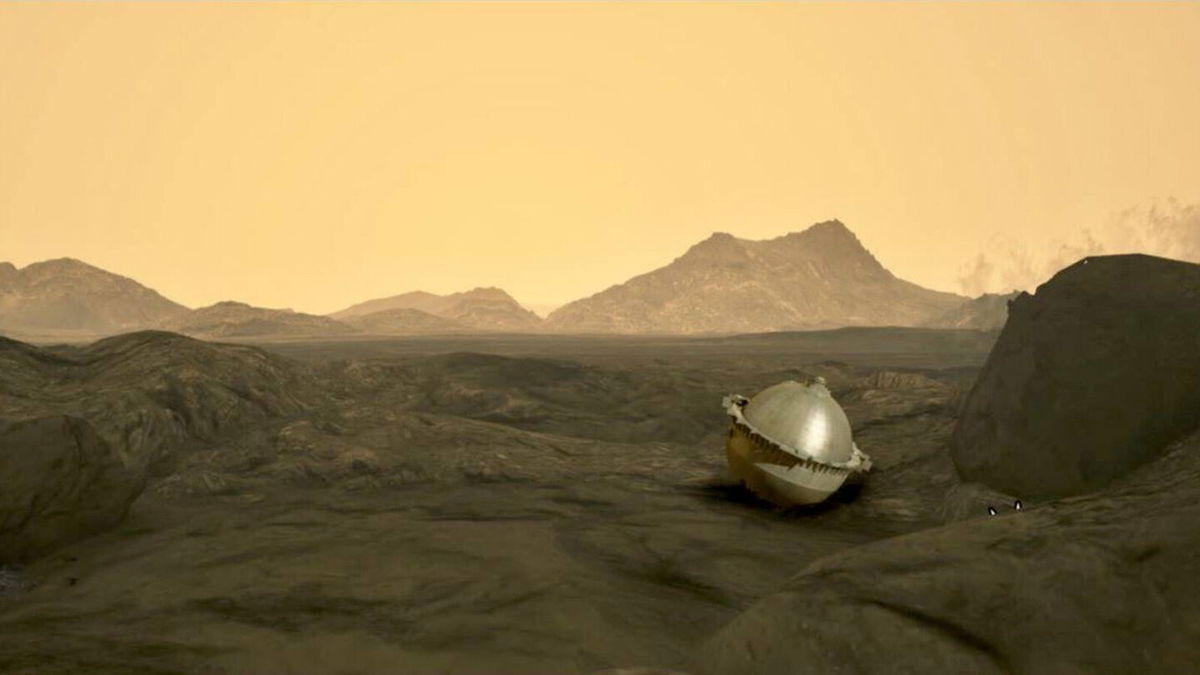<i>NASA</i><br/>This illustration shows the probe after it has reached the surface of Venus and venusian highlands can be seen in the background.