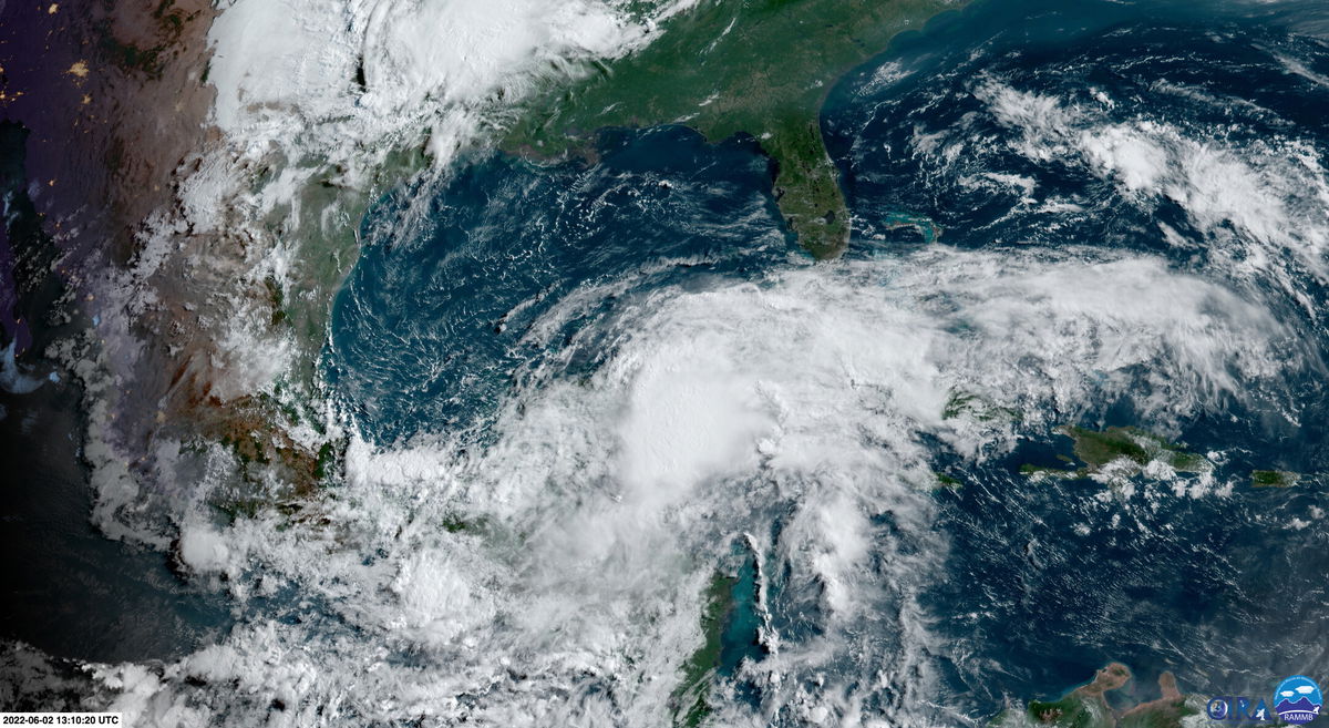 <i>RAMMB/CIRA at CSU</i><br/>Sattelite imagery of the cluster of showers and thunderstorms which could form into a tropical depression or tropical storm Thursday or Friday.