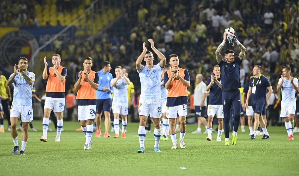 <i>Seskim Photo/MB Media/Getty Images</i><br/>Dynamo Kyiv players celebrate after beating Fenerbahce on July 27. UEFA has opened an investigation after Fenerbahce fans were heard singing Russian President Vladimir Putin's name during a Champions League qualifier against Dynamo Kyiv.
