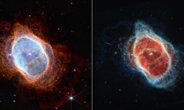 This side-by-side comparison shows observations of the Southern Ring Nebula in near-infrared light