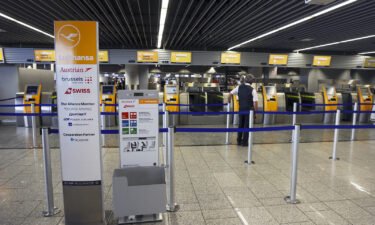 Empty check-in counters for Deutsche Lufthansa AG at Terminal 1 of Frankfurt Airport in Frankfurt